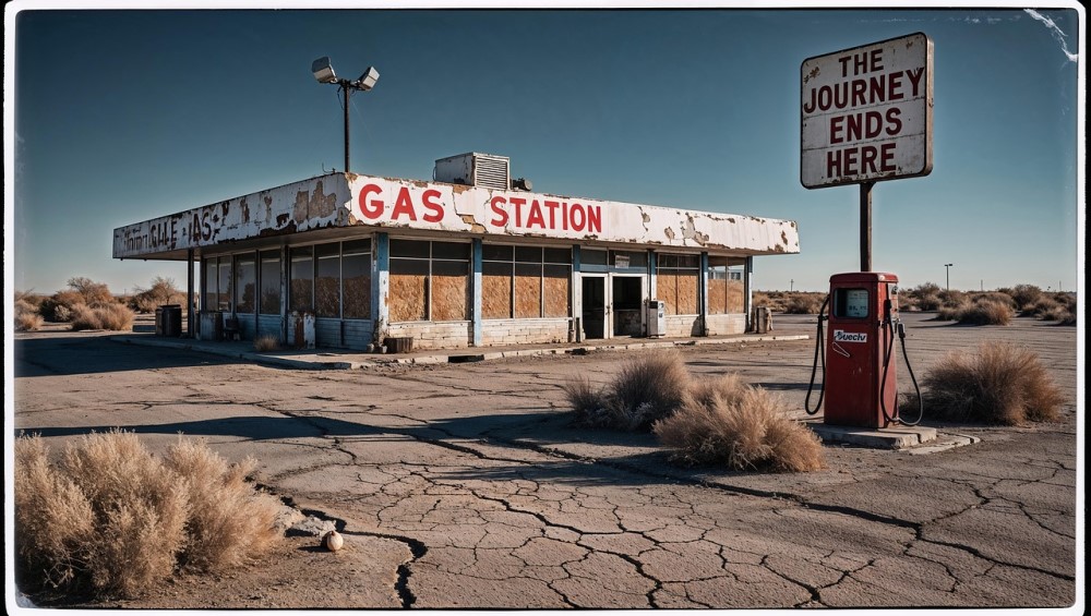 砂漠で朽ちかけている元ガソリンスタンドの建物
